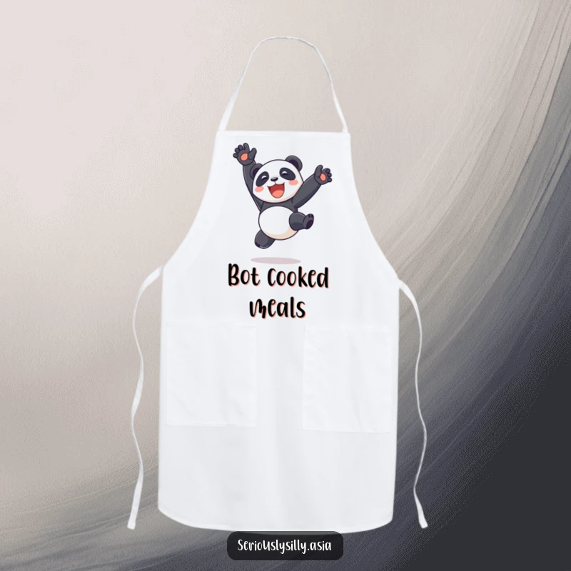 Funny delighted panda bot performing a somersault with legs up in the air on a kitchen apron, adding robotic humor to cooking.
