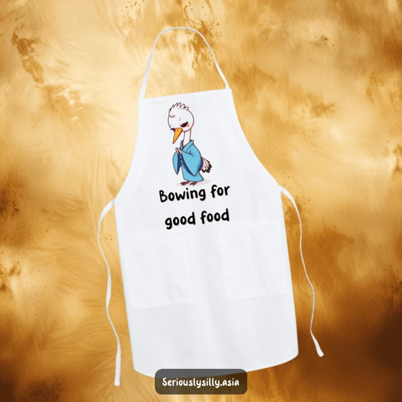 Funny apron with a cheerful cartoon crane in a blue kimono, gracefully bowing while cooking.