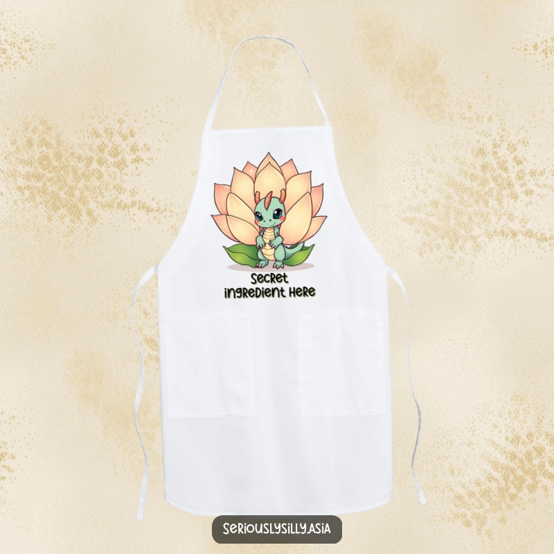 Funny Apron depicting a mischievous dragon bot peeking from behind a giant, sparkling lotus flower, perfect for kitchen magic.