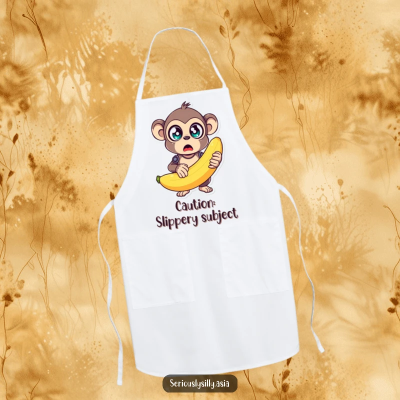 Funny Apron depicting a wide-eyed monkey bot surprised by a huge, wobbling banana, perfect for kitchen humor.