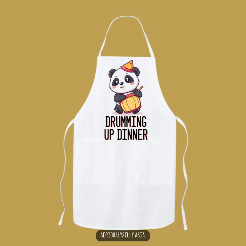 Funny Panda Apron: Cute Cartoon Drummer in Conical Hat for Kitchen Fun