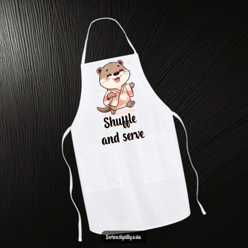 Funny apron with a playful cartoon otter in a floral kimono, joyfully doing a little shuffle while cooking.