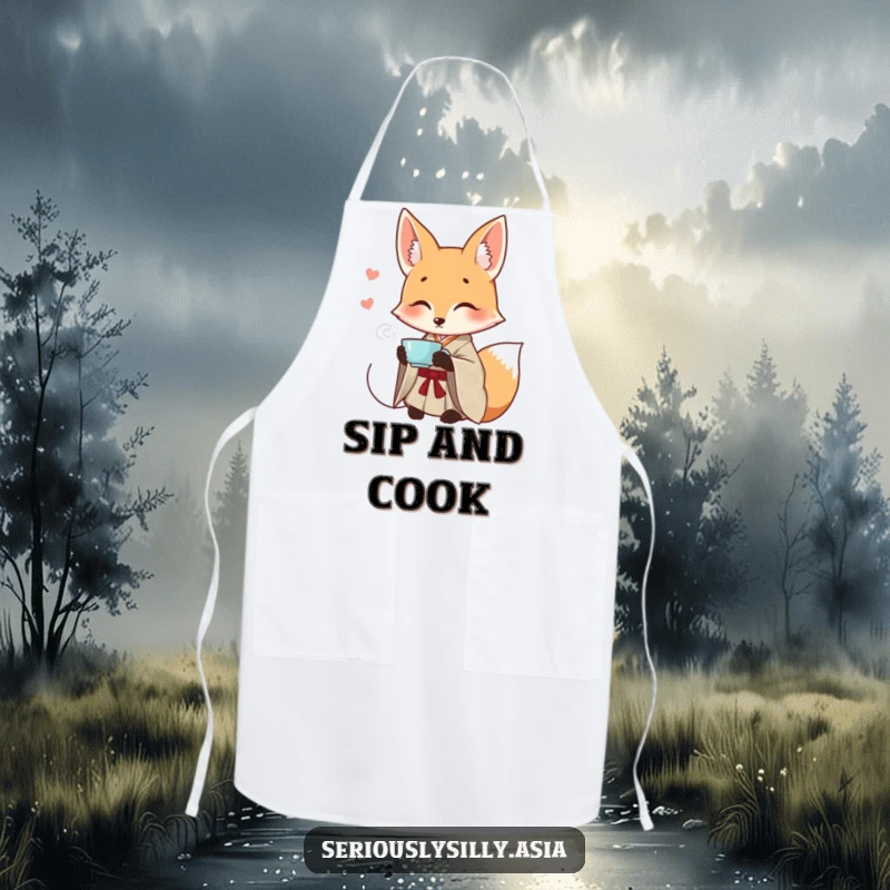 Funny apron with a smiling cartoon fox in a patterned kimono, elegantly sipping tea while cooking.