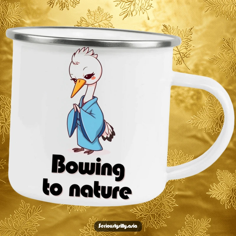 Funny camping mug featuring a cheerful cartoon crane in a blue kimono, gracefully bowing in an outdoor setting.