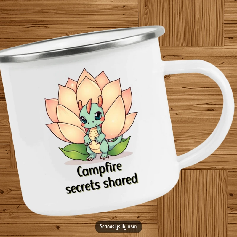 Funny Camping Mug showing a mischievous dragon bot peeking from behind a sparkling lotus flower, great for outdoor enchantment.
