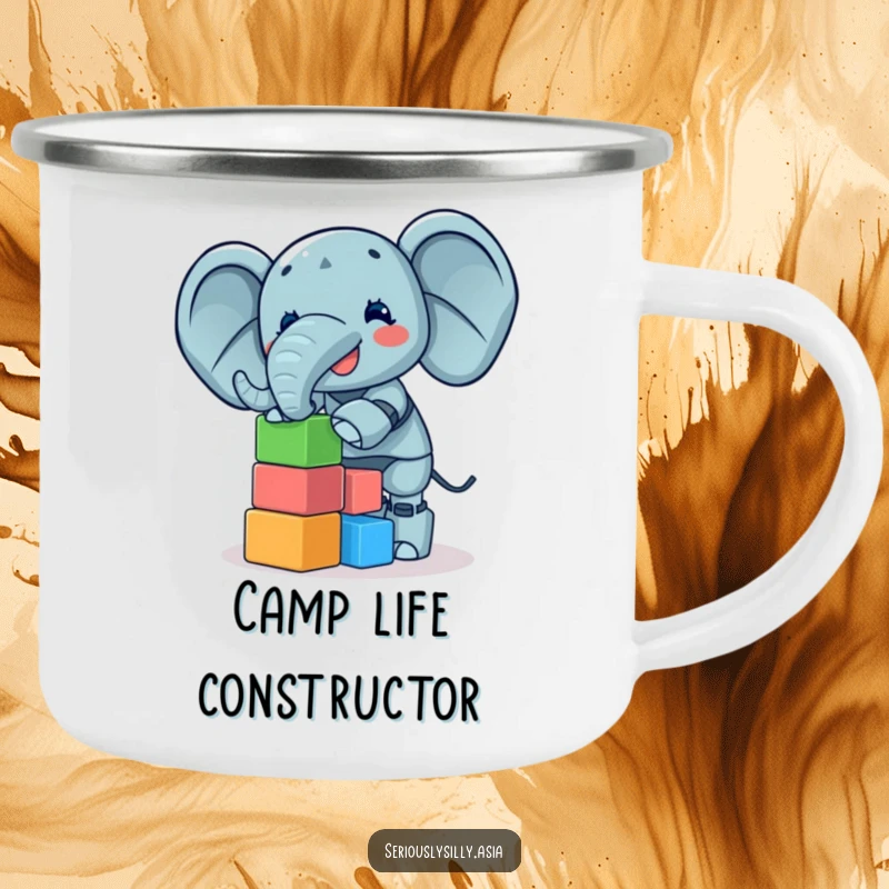 Funny Camping Mug showing a giggling elephant bot balancing a tower of colorful blocks, great for outdoor amusement.