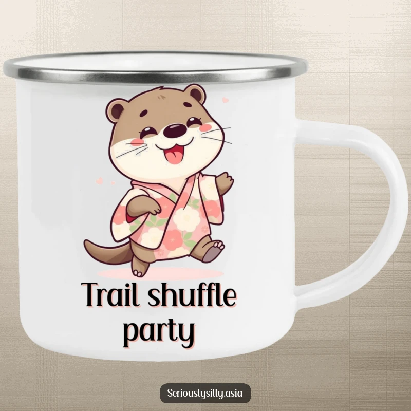 Funny camping mug featuring a playful cartoon otter in a floral kimono, joyfully doing a little shuffle in an outdoor setting.