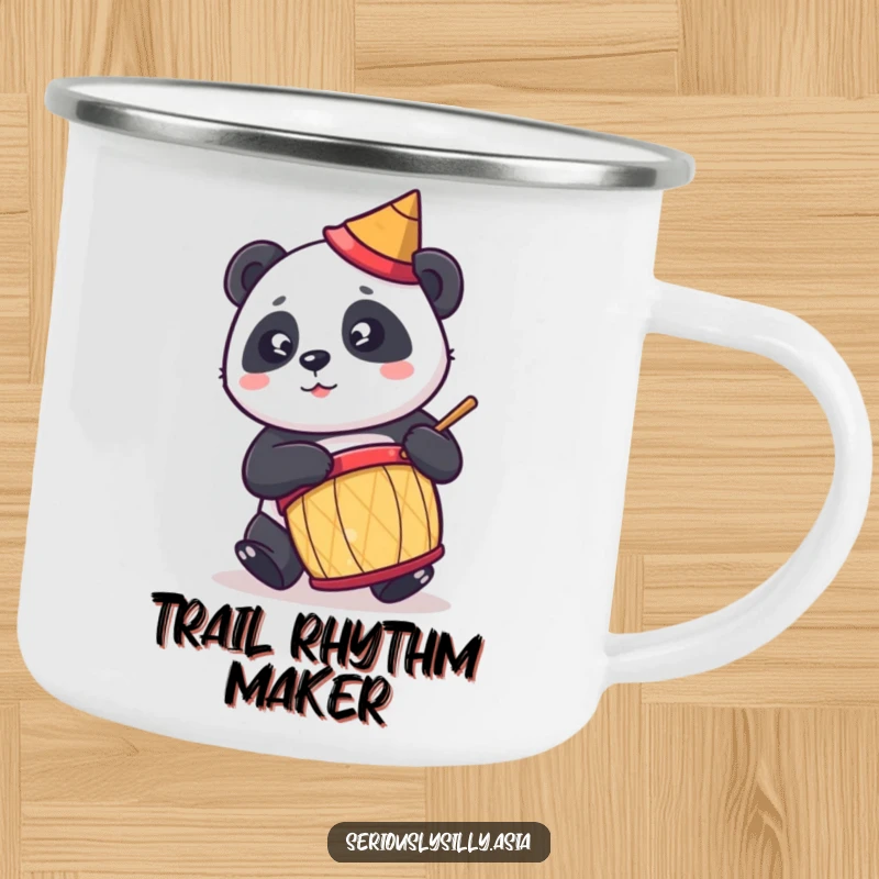 Funny camping mug featuring a cute cartoon panda in a conical hat, enthusiastically playing a drum in an outdoor setting.