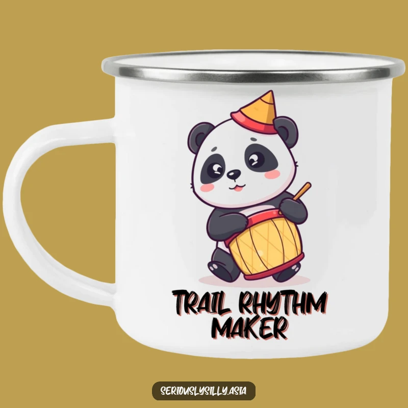 Funny Panda Camping Mug: Durable Cartoon Drummer in Conical Hat for Outdoor Fun