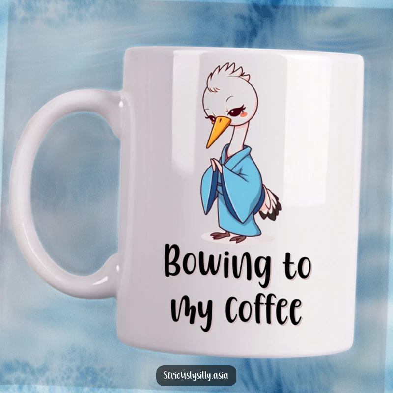 Funny mug featuring a cheerful cartoon crane in a blue kimono, gracefully bowing with elegant posture.
