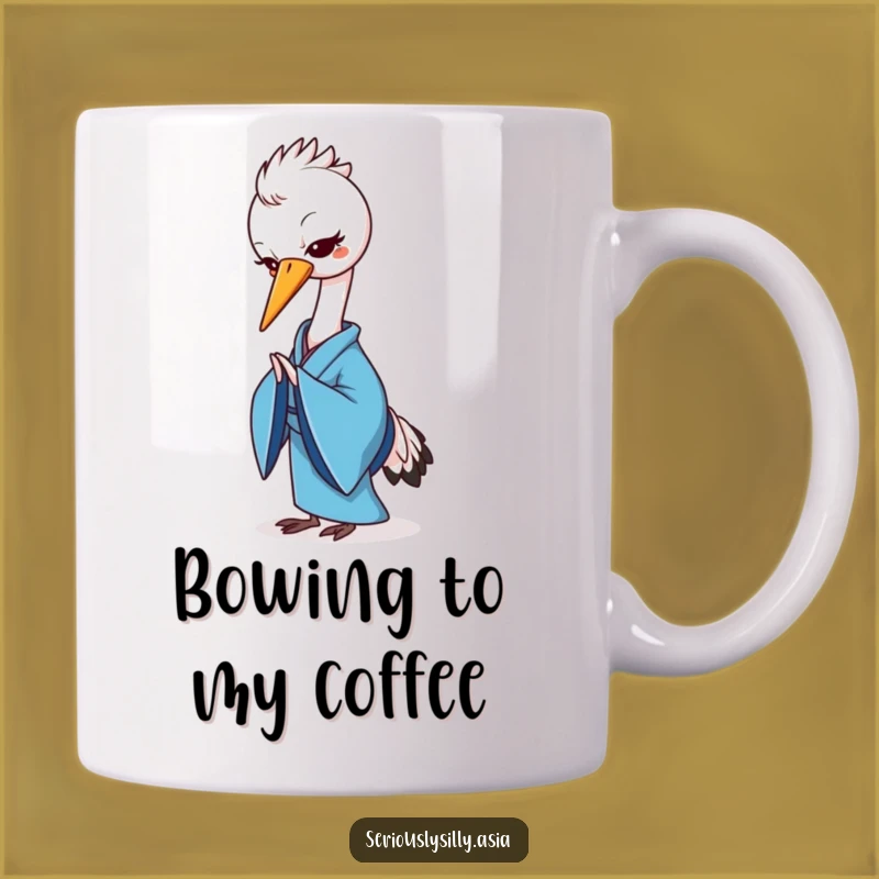 Funny Crane Mug: Cheerful Cartoon in Blue Kimono Bowing, Perfect Graceful Gift