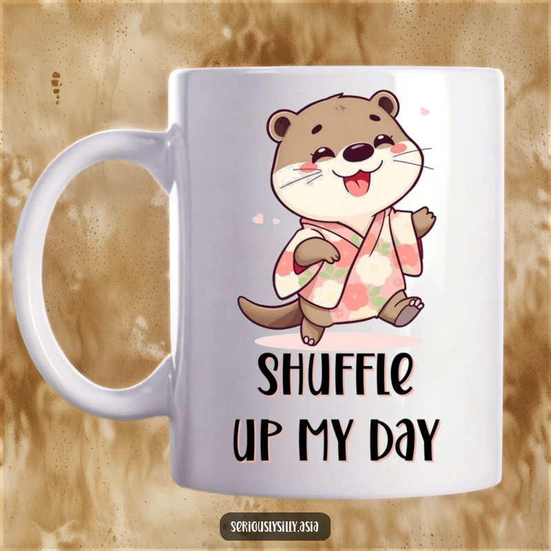 Funny mug featuring a playful cartoon otter in a floral kimono, joyfully doing a little shuffle with happy energy.