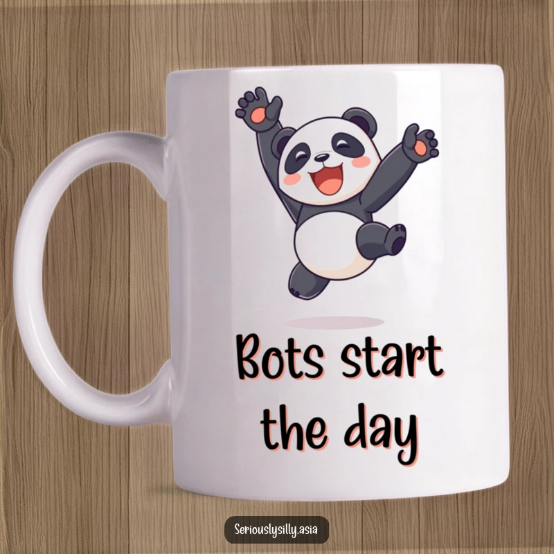Funny delighted panda bot performing a bouncy happy somersault with its legs in the air on a ceramic mug, showing pure robotic glee.