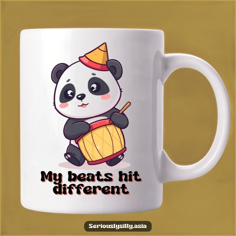 Funny Panda Drummer Mug: Cute Cartoon with Conical Hat for a Hilarious Gift