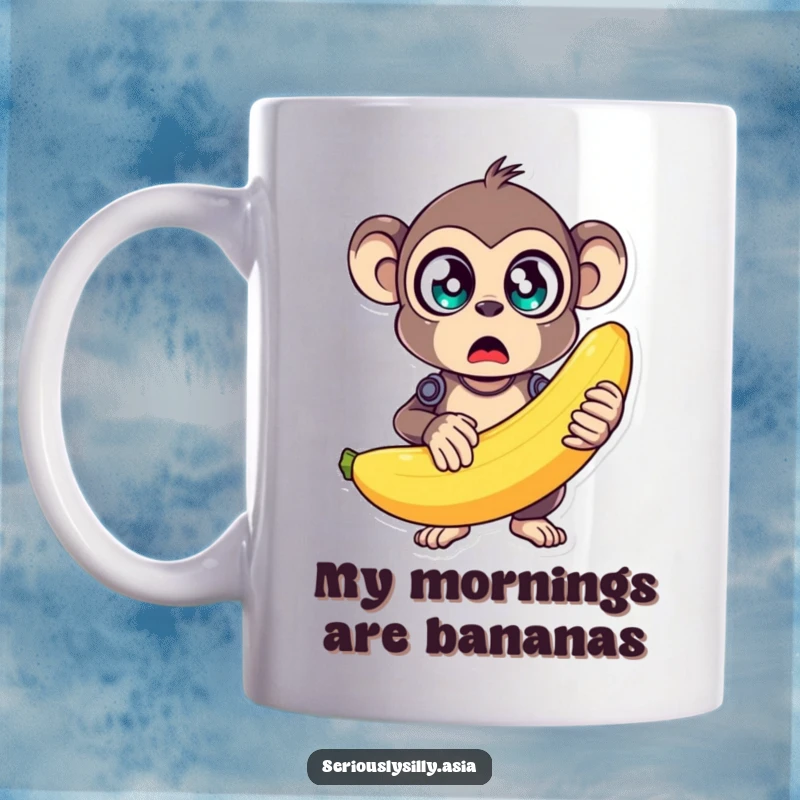 Funny Monkey Bot Mug featuring a wide-eyed bot surprised by its giant, wobbly banana, a hilarious tech-themed gift.