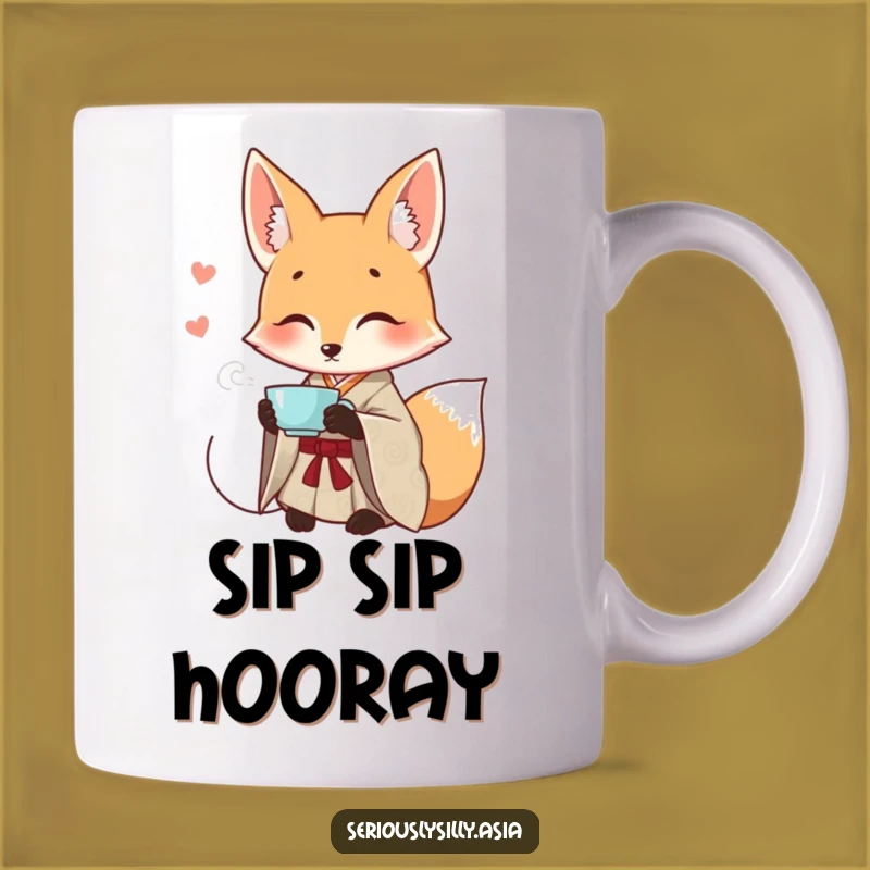 Funny Fox Mug: Smiling Cartoon in Kimono Sipping Tea, Perfect Elegant Gift