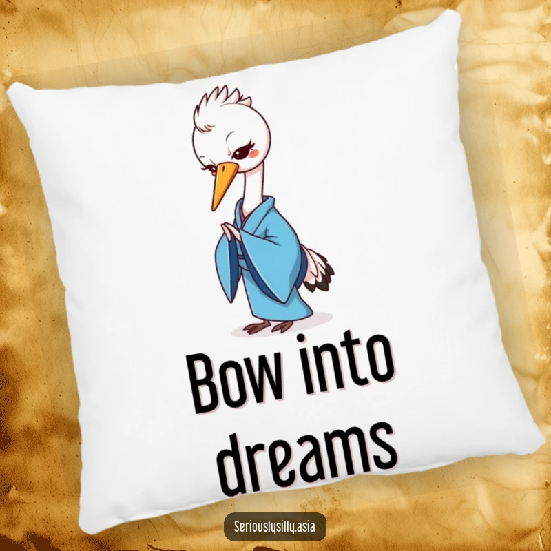 Funny pillow with a cheerful cartoon crane wearing a blue kimono, gracefully bowing, perfect for a serene accent.