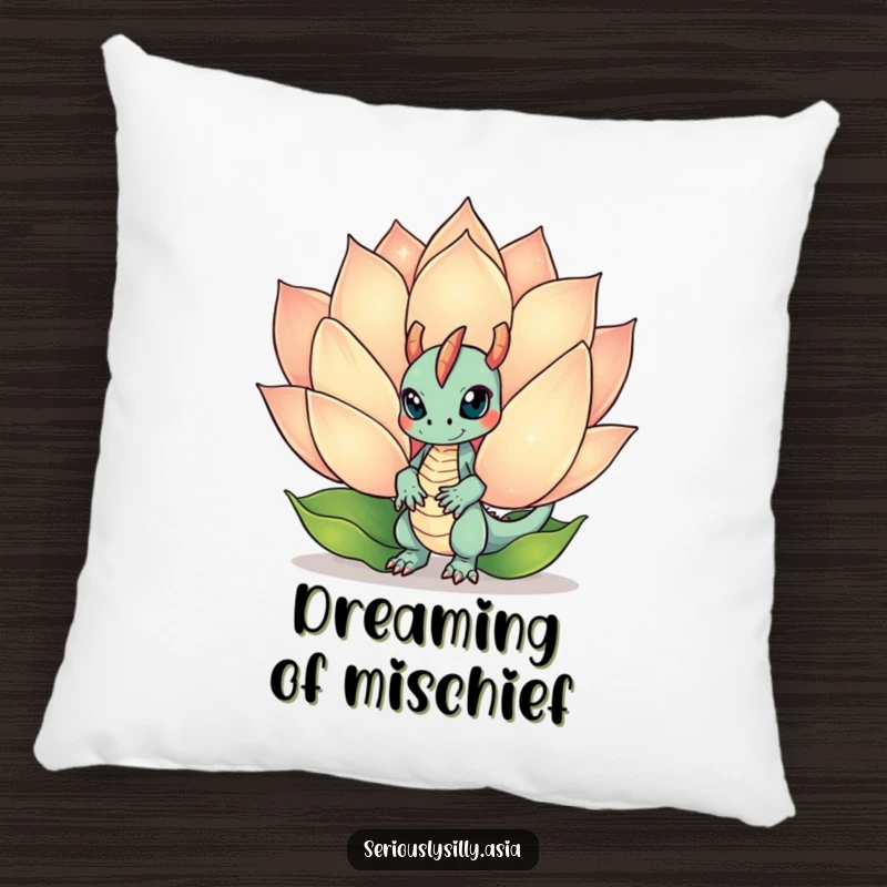 Funny Pillow featuring a mischievous dragon bot peeking from behind a sparkling lotus flower, adding mystical comfort.