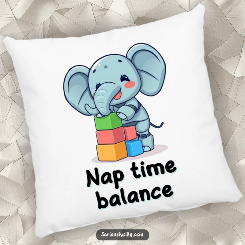 Funny Pillow featuring a giggling elephant bot balancing a tower of colorful blocks, adding comfort and playfulness.