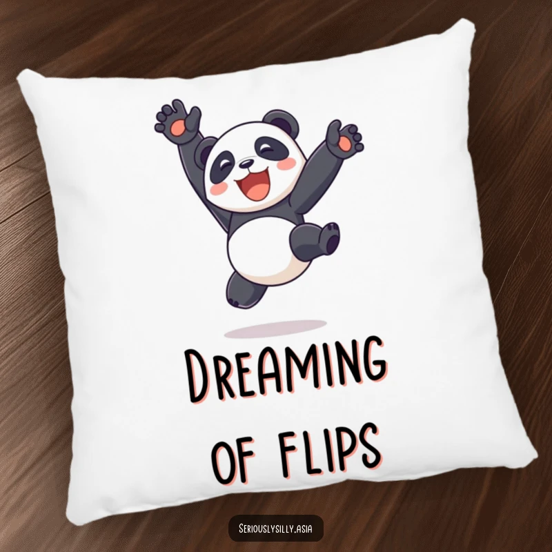 Funny delighted panda bot doing a somersault with legs in the air on a soft pillow, perfect for adding playful humor.