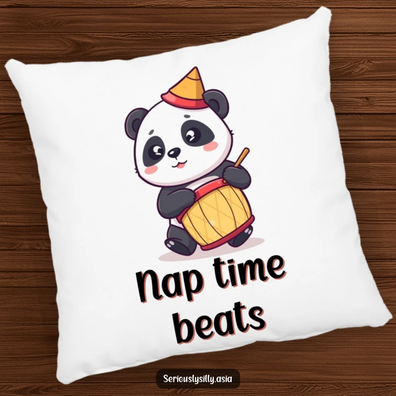 Funny pillow with a cute cartoon panda wearing a conical hat, enthusiastically drumming, perfect for a playful accent.
