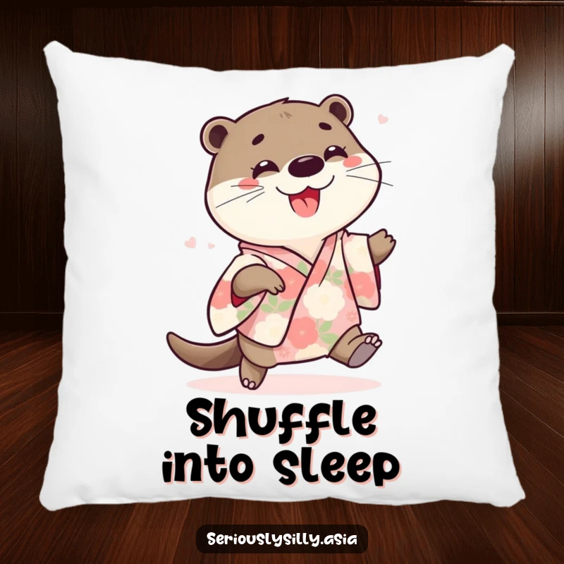 Funny pillow with a playful cartoon otter wearing a floral kimono, joyfully doing a little shuffle, perfect for a fun accent.