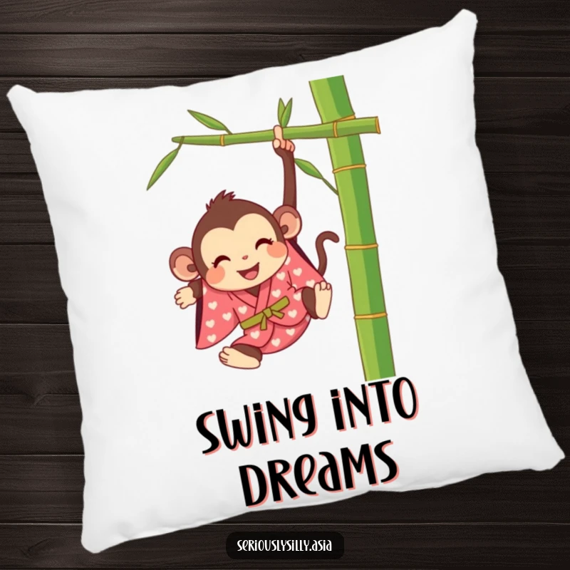 Funny pillow featuring a happy cartoon monkey in a bright kimono, swinging from a bamboo stalk, perfect for a fun accent.