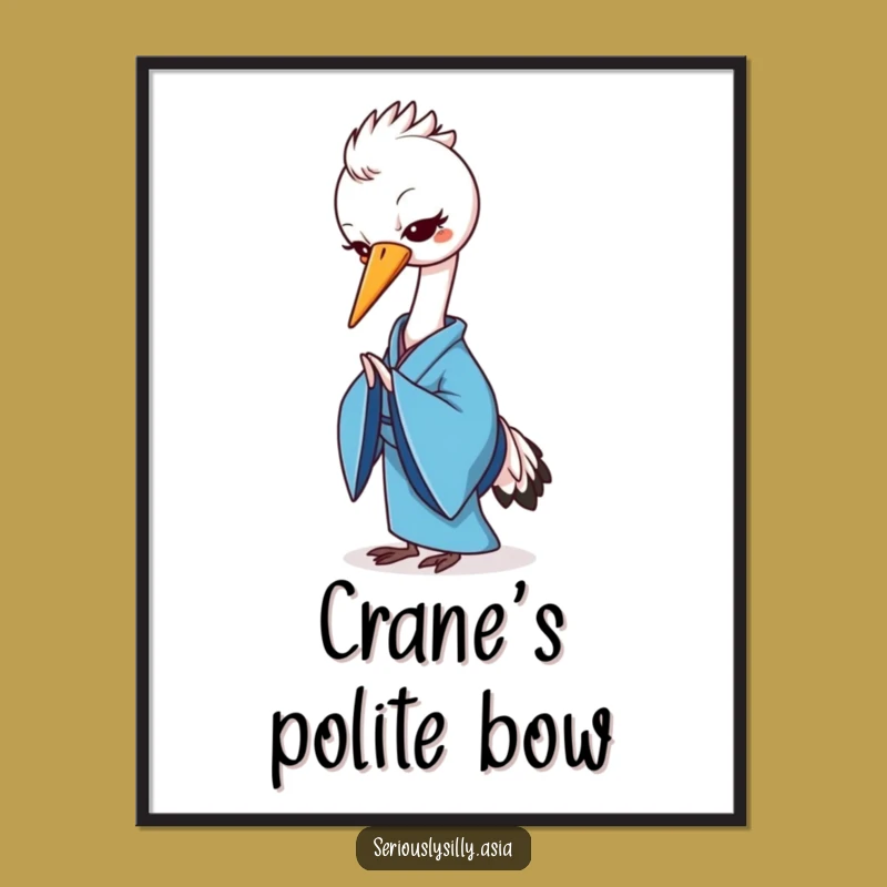 Funny Crane Digital Art Print: Cheerful Cartoon in Blue Kimono for Instant Peace