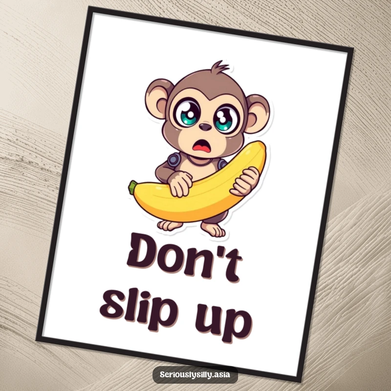 Funny Digital Art Print of a wide-eyed monkey bot surprised by a giant, unstable banana, downloadable humor.