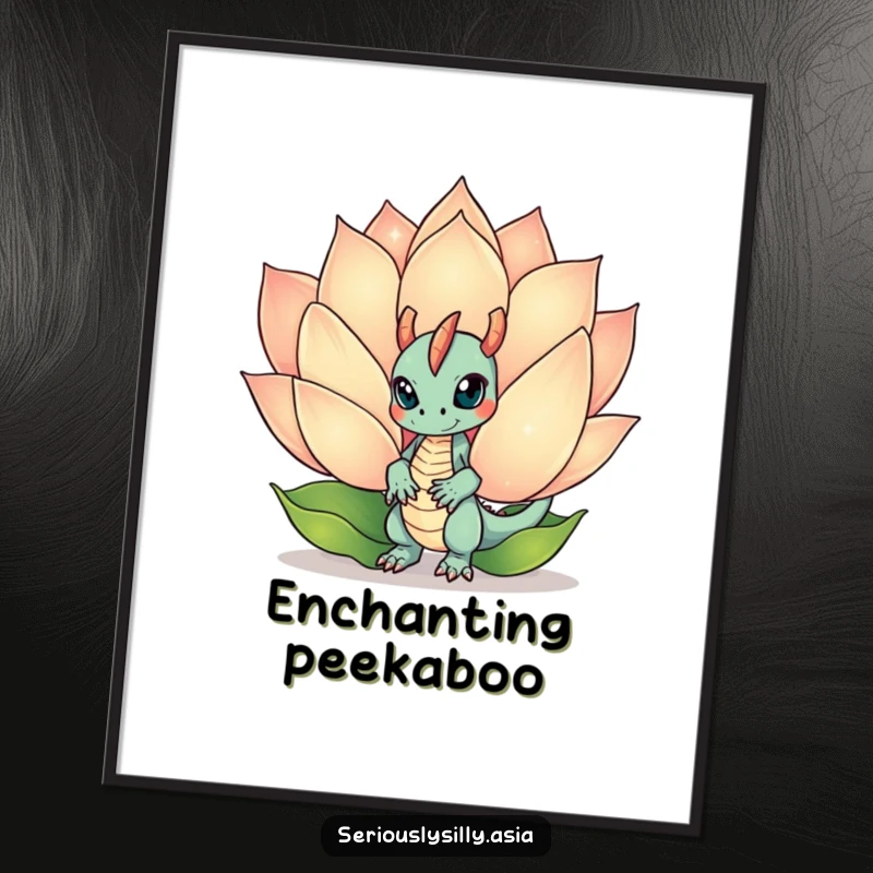Funny Digital Art Print of a mischievous dragon bot peeking from behind a large, sparkling lotus flower, downloadable magic.