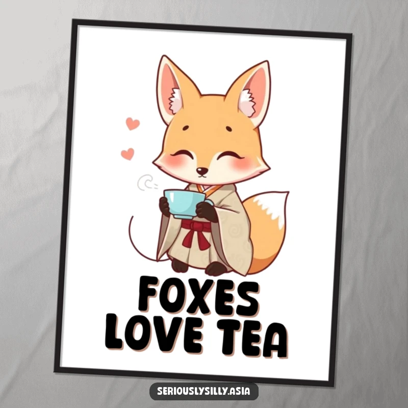 Funny digital art print of a smiling cartoon fox in a patterned kimono, elegantly sipping tea with grace.