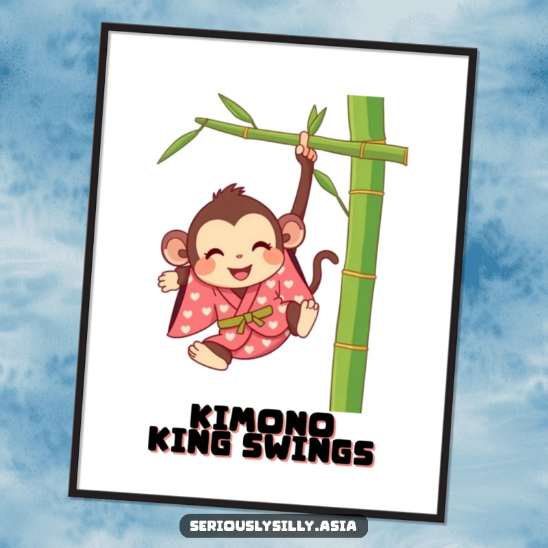 Funny digital art print of a happy cartoon monkey in a bright kimono, swinging from a bamboo stalk with joy.