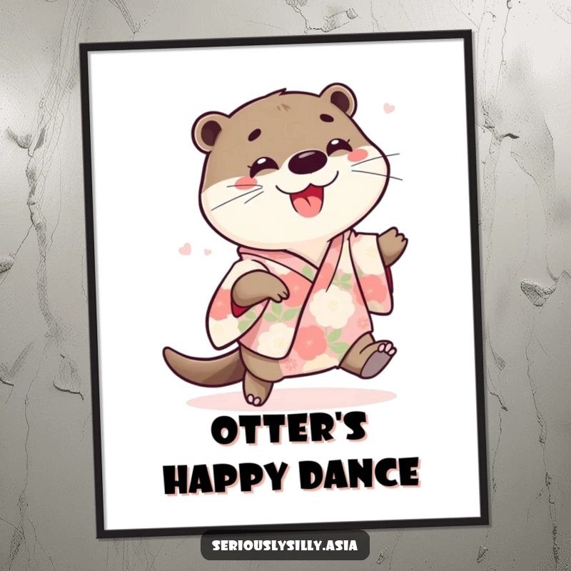 Funny digital art print of a playful cartoon otter in a floral kimono, joyfully doing a little shuffle with happiness.