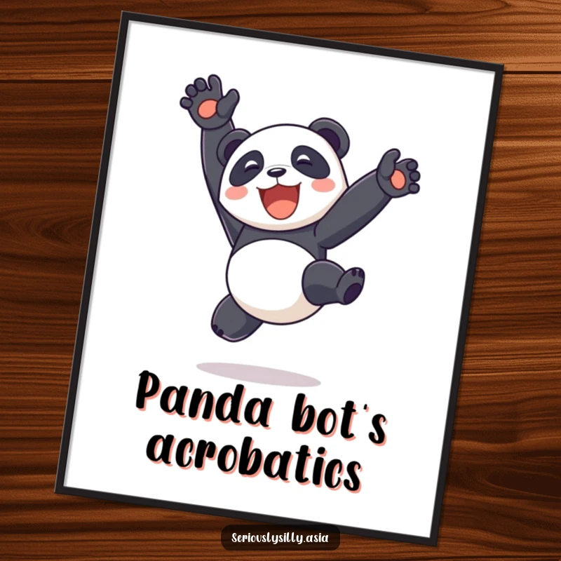 Funny delighted panda bot performing a bouncy somersault with legs in the air, as a digital art print, bringing energetic humor.