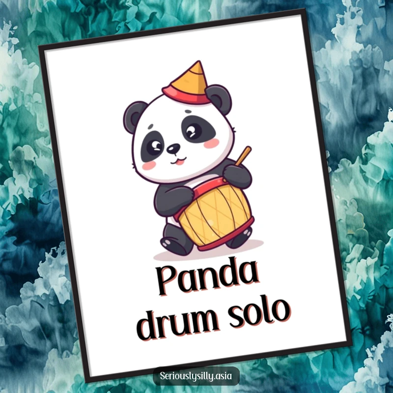 Funny digital art print of a cute cartoon panda in a conical hat, enthusiastically playing a drum, full of playful energy.