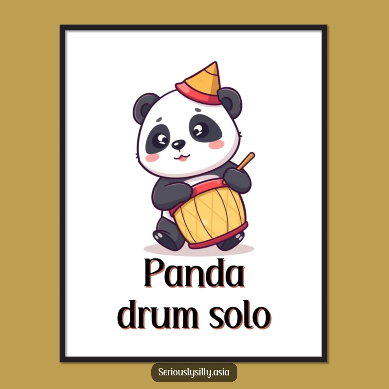 Funny Panda Digital Art Print: Cute Cartoon Drummer in Conical Hat for Instant Joy