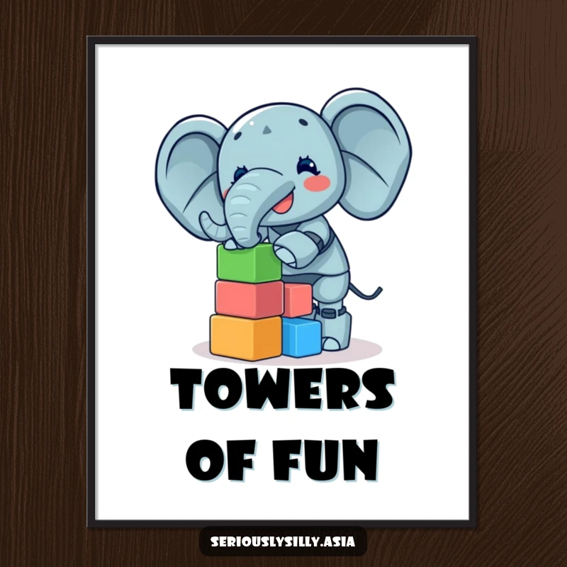 Funny Digital Art Print of a giggling elephant bot balancing a tower of small, colorful blocks, downloadable fun.