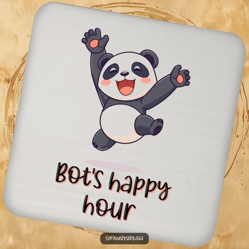 Funny delighted panda bot performing a somersault with legs up in the air on a drink coaster, adding a touch of robotic fun.