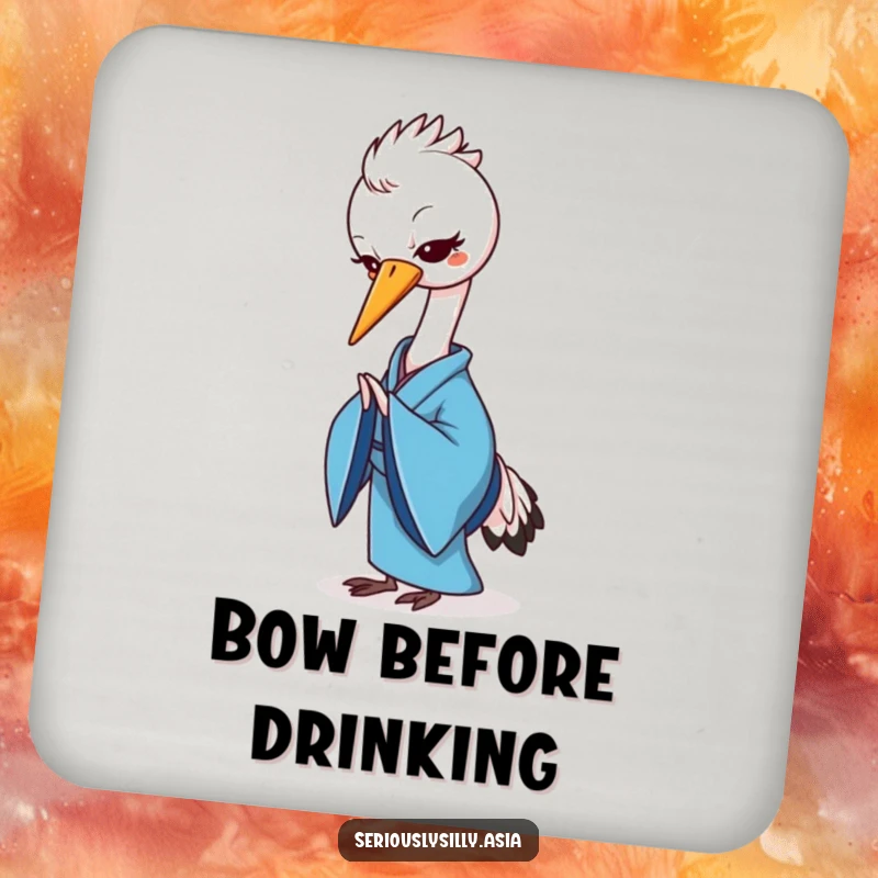 Funny drink coaster featuring a cheerful cartoon crane in a blue kimono, gracefully bowing.