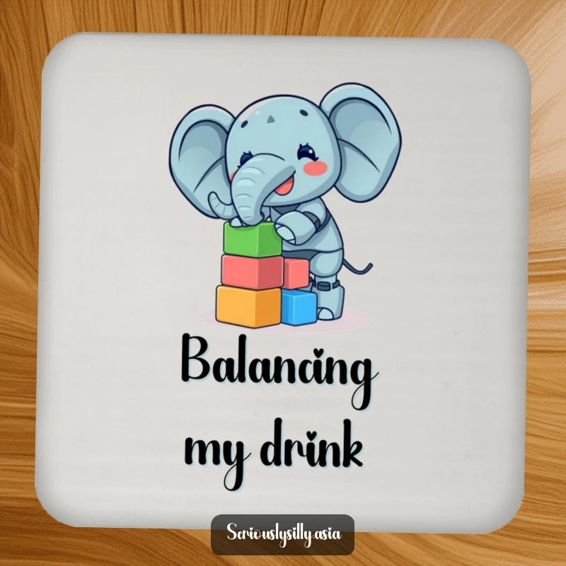 Funny Drink Coaster featuring a giggling elephant bot balancing a tower of colorful blocks, a humorous accessory.