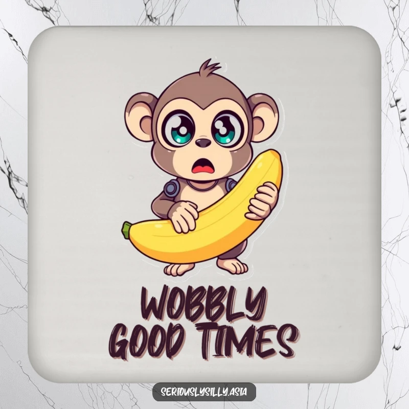 Funny Drink Coaster featuring a surprised monkey bot with wide eyes, holding a giant, wobbly banana, a humorous accessory.