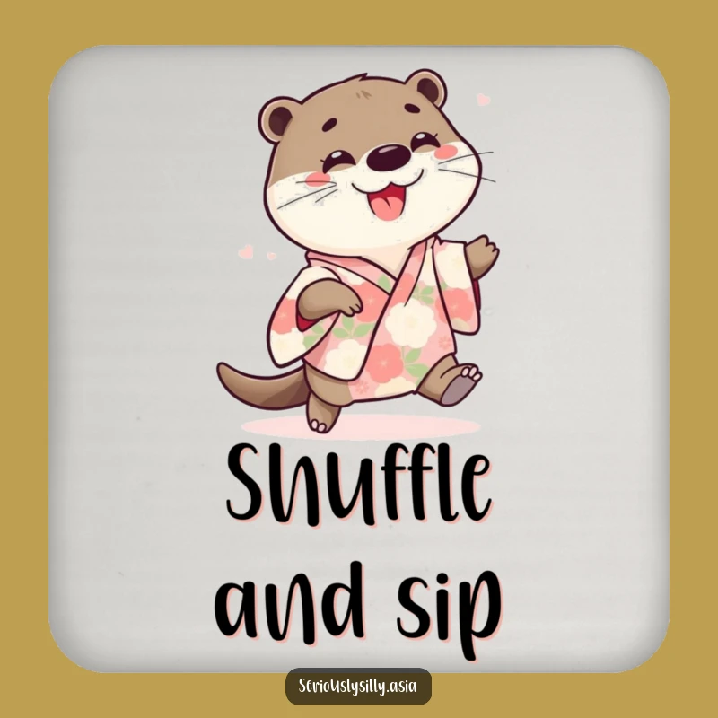 Funny Otter Drink Coaster: Playful Cartoon in Floral Kimono for Surface Protection