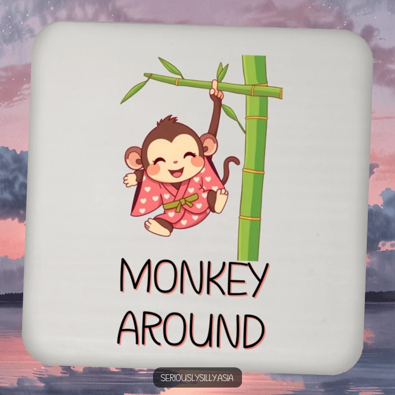 Funny drink coaster featuring a happy cartoon monkey in a bright kimono, swinging from a bamboo stalk.