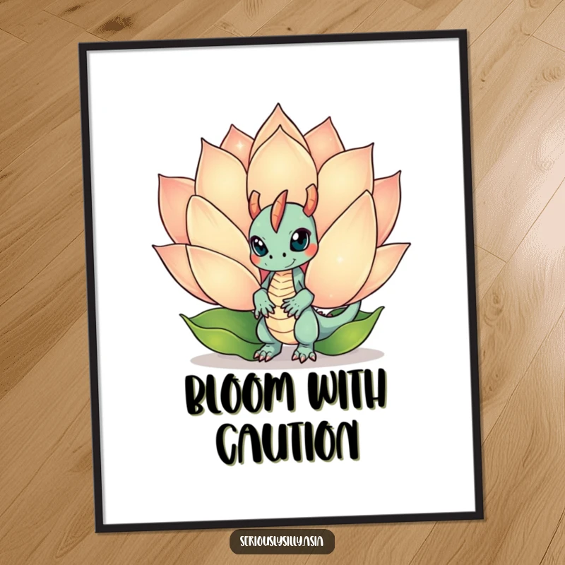 Funny Poster of a mischievous dragon bot peeking from behind a giant, sparkling lotus flower, enchanting artwork.