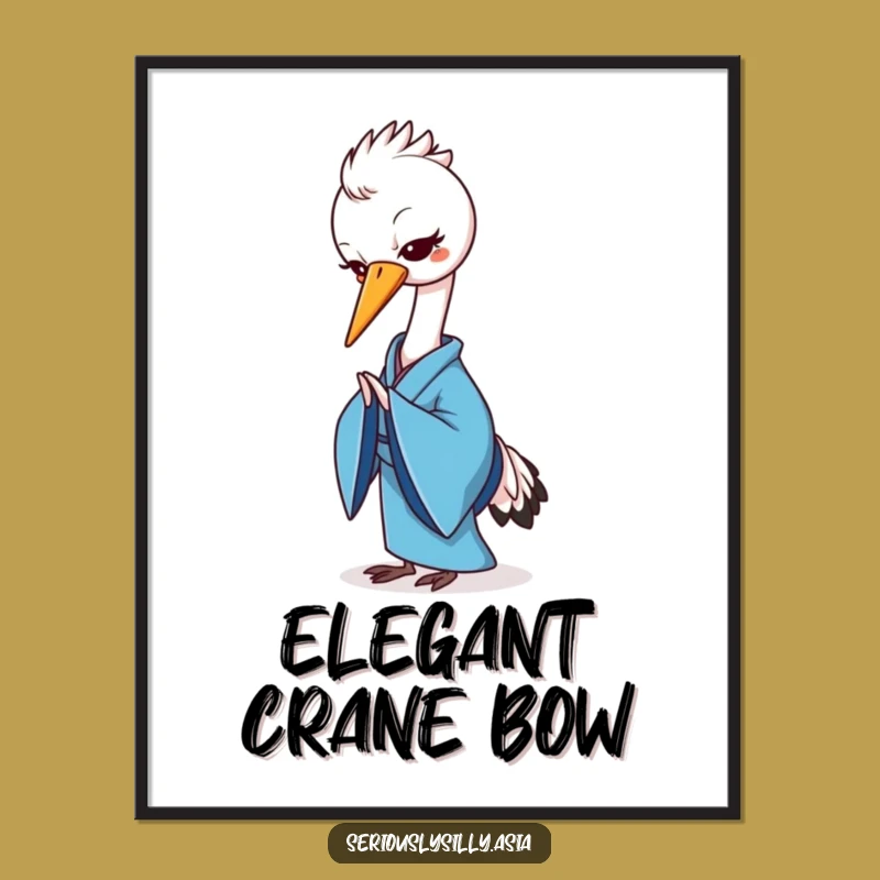 Funny Crane Poster: Cheerful Cartoon in Blue Kimono Bowing, Elegant Wall Art