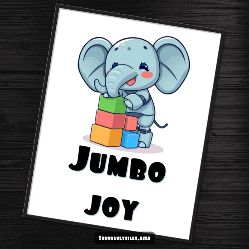 Funny Poster of a giggling elephant bot attempting to balance a tall tower of tiny, colorful blocks, a cheerful artwork.