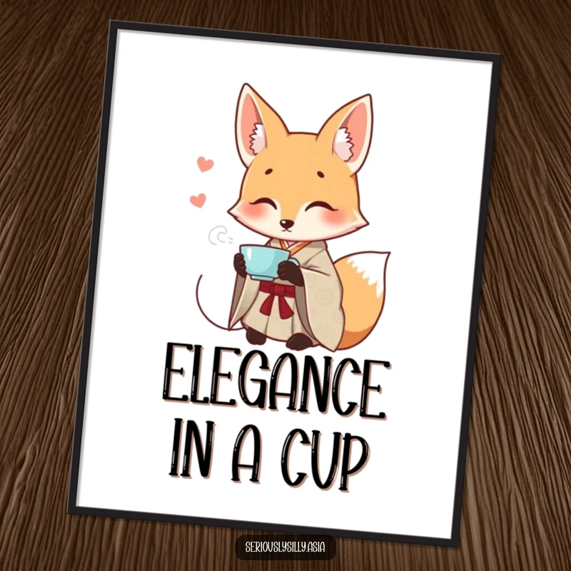 Funny poster of a smiling cartoon fox in a patterned kimono, elegantly sipping tea with a peaceful expression.
