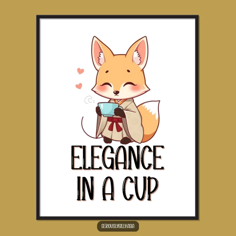 Funny Fox Poster: Smiling Cartoon in Kimono Sipping Tea, Elegant Wall Art