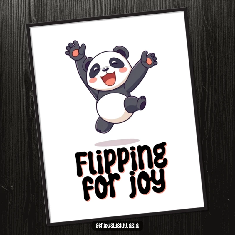 Funny delighted panda bot performing a bouncy somersault with legs in the air, presented as a dynamic and humorous poster.
