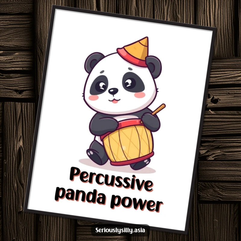 Funny poster of a cute cartoon panda in a conical hat, enthusiastically playing a drum, full of joyful energy.